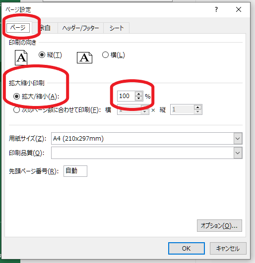 ページ設定、拡大縮小印刷の画像